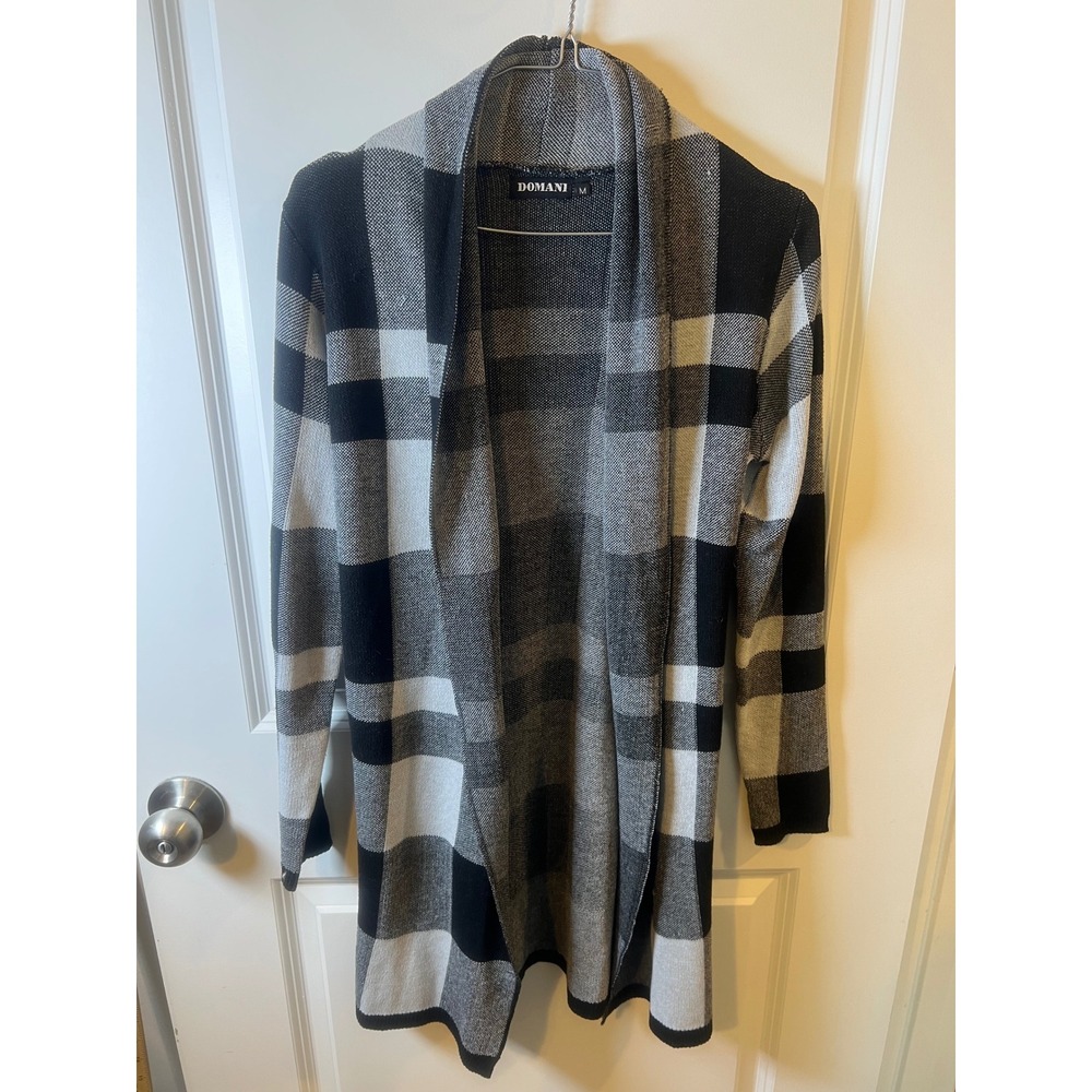 Domani Women Cardigan Buffalo Plaid Black Grey White Size M
